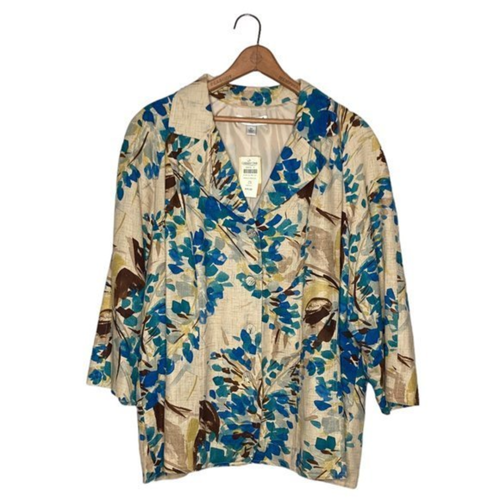 New Coldwater Creek 2X Cream Blue Tropical Floral Linen Cotton Blazer Jacket $89